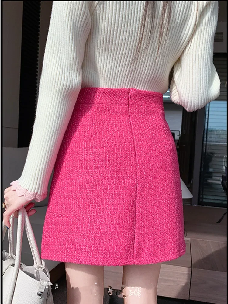 Koreanische Temperament Rose Rot Tweed Kurzen Rock Weibliche Herbst Hohe Taille Taschen A-line Woolen Mini Röcke Frauen