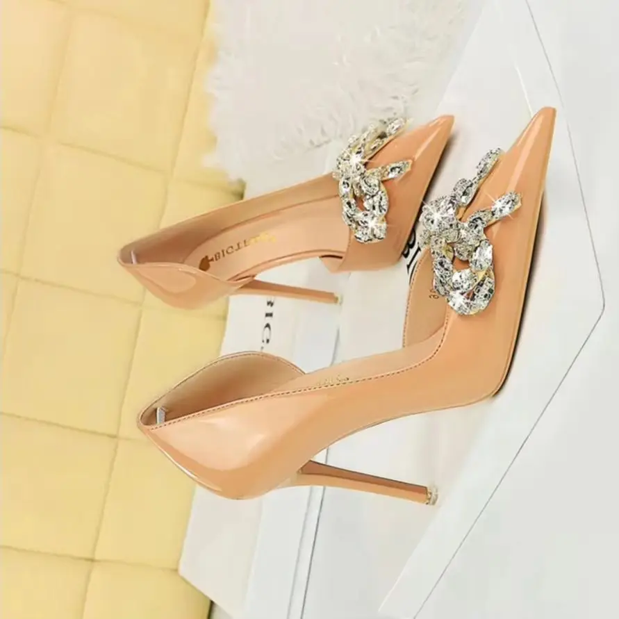 

BIGTREE Shoes Nude Heels Women Pumps Rhinestone Bowknot High Heels Patent Leather Women Shoes Stilettos Luxury Party Shoes Pumps