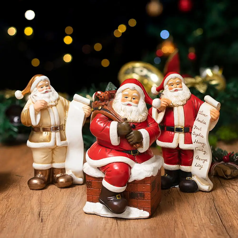 Santa Claus Figurine Small Resin Santa Sculpture with Gift Bag/Wish List for Mantle Bookshelf Tabletop New Year Party Decor