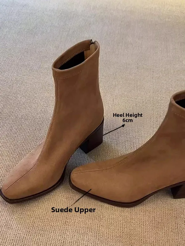 

Women's Soft Leather Chunky Heel ort Boots High Elastici Comfortable Faionable Korean Sle Winter Boots Zipper Closure