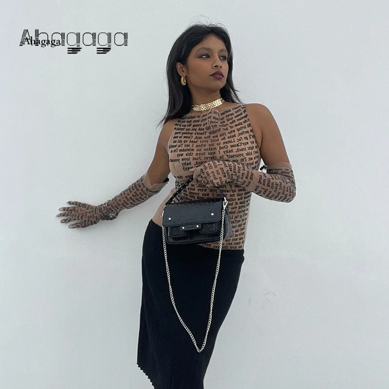 AHAgaga Sexy Tee T-shirt Women 2022 Winter Casual Letter Print Skinny See Through With Gloves Cropped Shirts Women Female Blusas