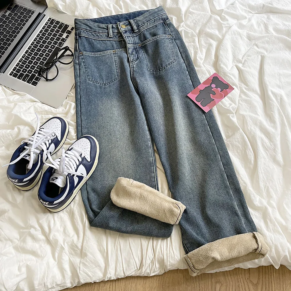 

Vintage Blue Denim Pants for Women Straight Loose Wide Leg Trousers Autumn Winter Thick Warm Velvet Fleece High Waist Jeans