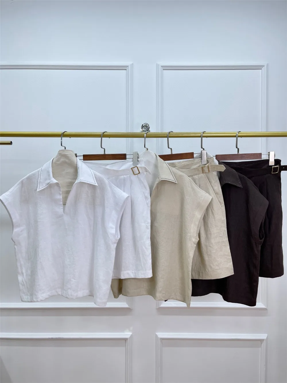 

Linen Breathable Comfortable Lapel Short-Sleeved T-shirt Top and Shorts Suit Female Casual 2-Piece Set