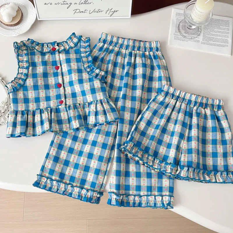 Children\'s Clothing Sets Blue Plaid Floral Print Sleeveless Top + Wide Leg Pants + Shorts 3 Pcs Sets Kids Clothes for Girls