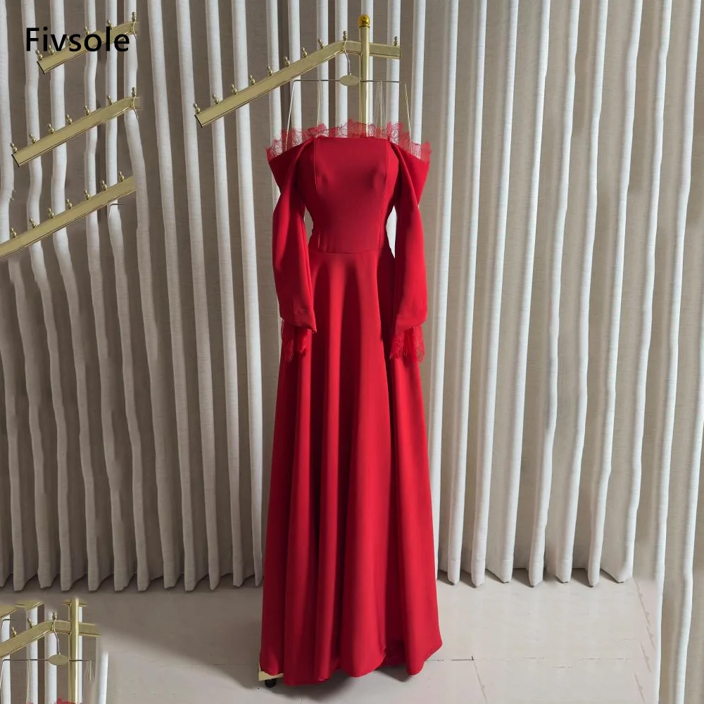 Fivsole Off Shoulder Red Evening Dress Long Sleeve Lace Party Gown Trim Crepe Prom Dress 2026 Customized