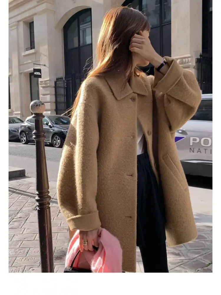 

Office Lady Single-Breasted Alpaca Woolen Short Jackets 2025 Autumn And Winter Lapel Loose Warmer Women's Wool Coats