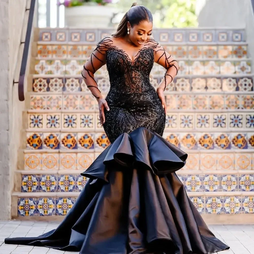 

African Women's Black Mermaid Evening Dress Phantom Long Sleeve Roundneck Ball Dress Layered Formal Evening Dress Customization