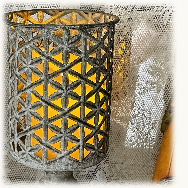 Vintage Style Metal Candle Holder, Geometric Pattern Lantern with Pedestal Base, Antique Gray Finish, Decorative Lighting