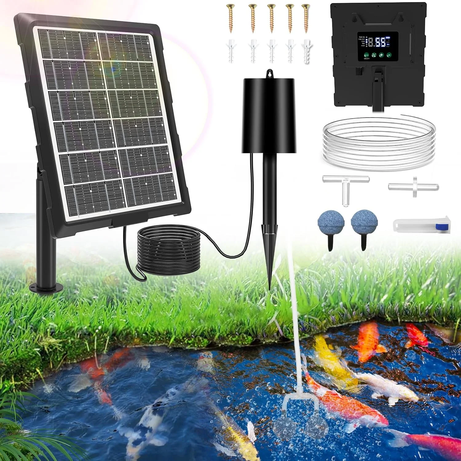 Solar Oxygen Pump Upgraded Digital Display Timing Function 3 Modes Bubble Regulator 2 Air Stones For Fish Tank Small Pond