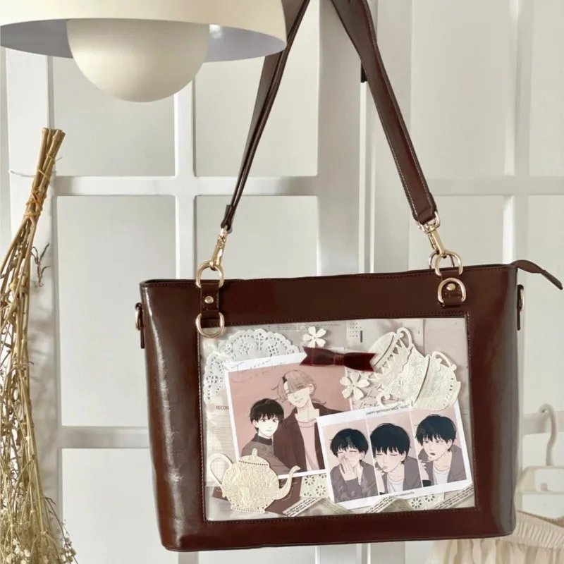 

Retro Coffee Simple Tote Bag Women Anime Transparent Badge Shoulder Bag Ladies Large Capacity Leather Everyday Crossbody Bag New