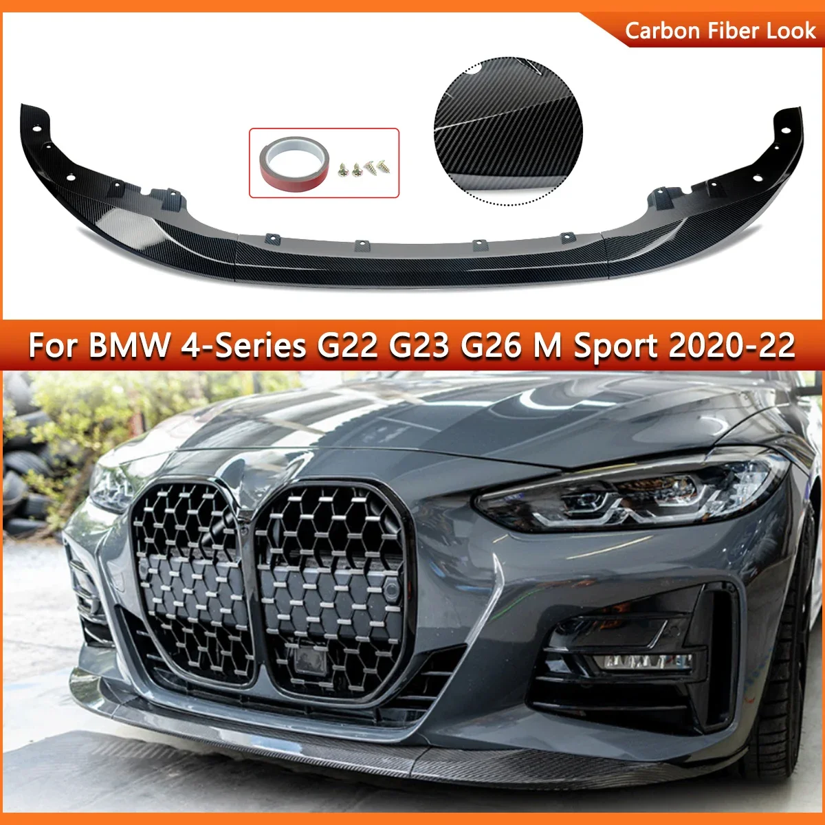 Carbon Fiber Look Front Bumper Lip Spoiler Protector For G22 G23 430i 440i M440i  2020-2022 Coupe M Performance Style