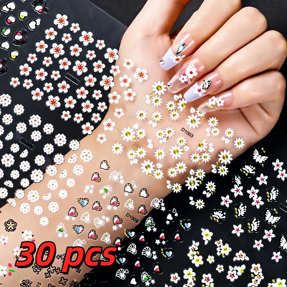 30pcs 5D Retro Five-petaled Flowers PET Nail Art Stickers Floral Golden Rhinestone Adhesive DIY Decals Fashion Phone Nail Decors