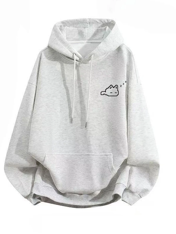 Moletom Unissex de Veludo Silver  com Capuz, Estampa de Gato Simples Coreano, Solto, de Lã, Versátil para Outono/Inverno, ...