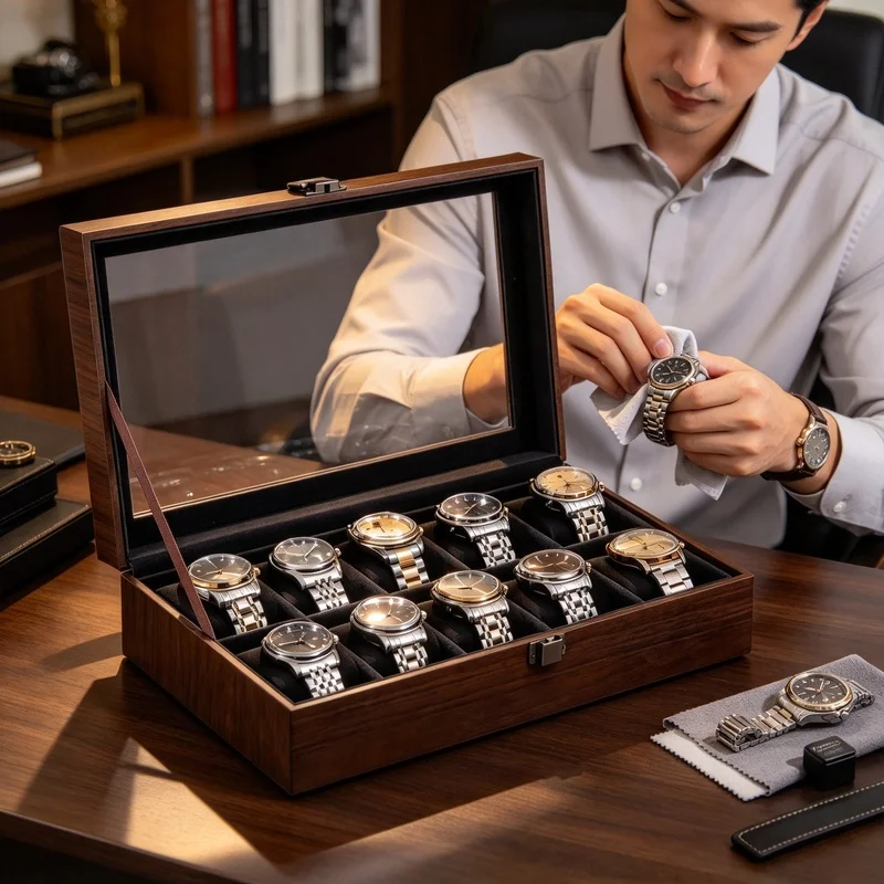 Lockable Wooden Watch Display Box, Dust-Proof Storage Case with Transparent Glass Lid for Watch Collectors, Home Decoration