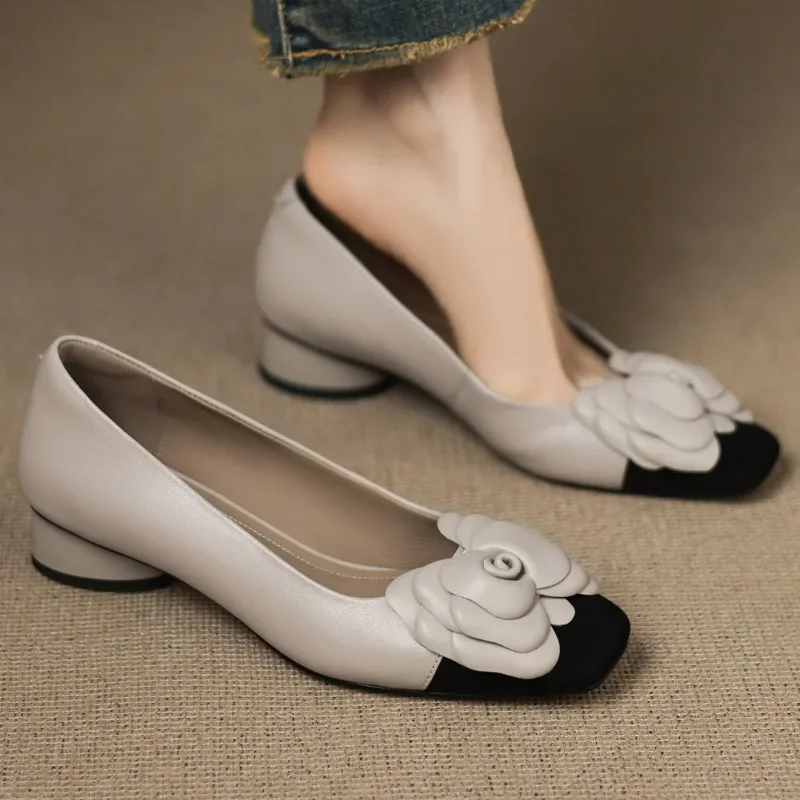 Plus size 34-41 women's sheepskin mix color patchwork slip-on pumps flower decoration OL style daily slim dress heeled shoes hot