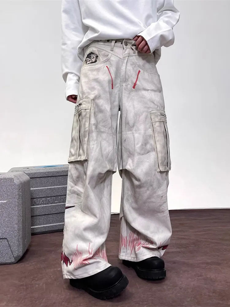 2025 Cyber Y2K Streetwear Dirty Washed White Baggy Cargo Jeans Pants For Men Clothing Wide Leg Straight Vintage Long Trousers