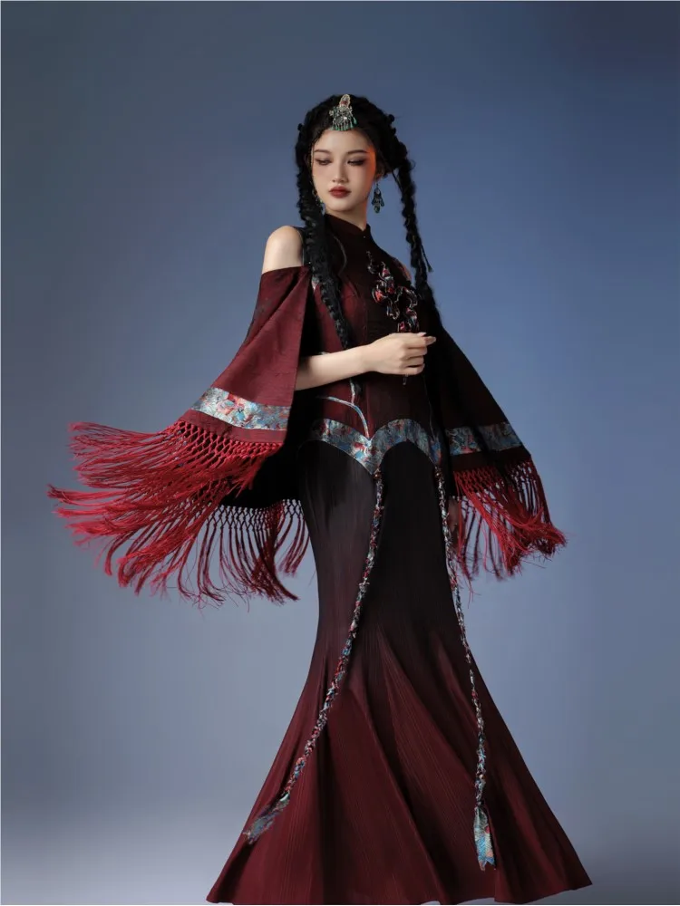 Heavy industry ethnic style Su cape printed gradient knitted rope embroidery cheongsam skirt
