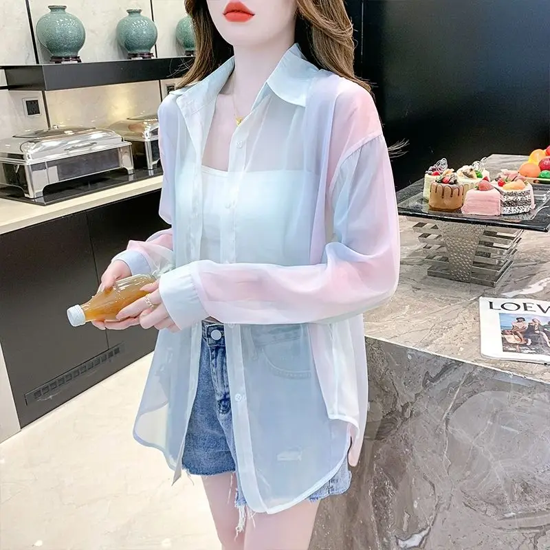 Shirts Women Sun Protection Rainbow Transparent Fashion Summer Outwear Thin Lady Lace-up Loose Casual All-match Button-up Chic