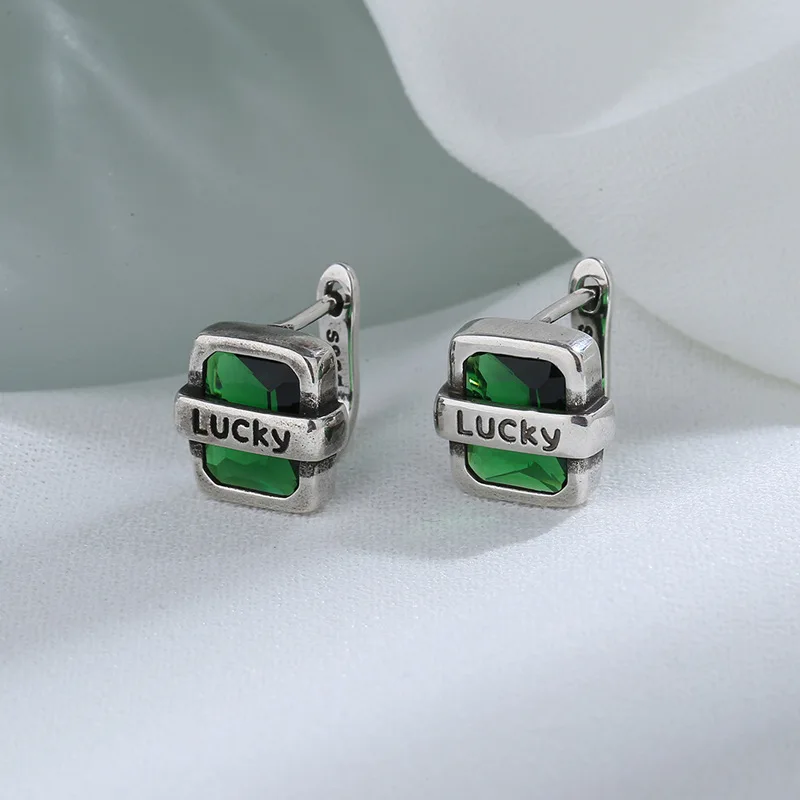 Cute Female Green Zircon Hoop Earrings Crystal Square Stone Earrings Vintage Silver Color Wedding Earrings For Women Jewelry