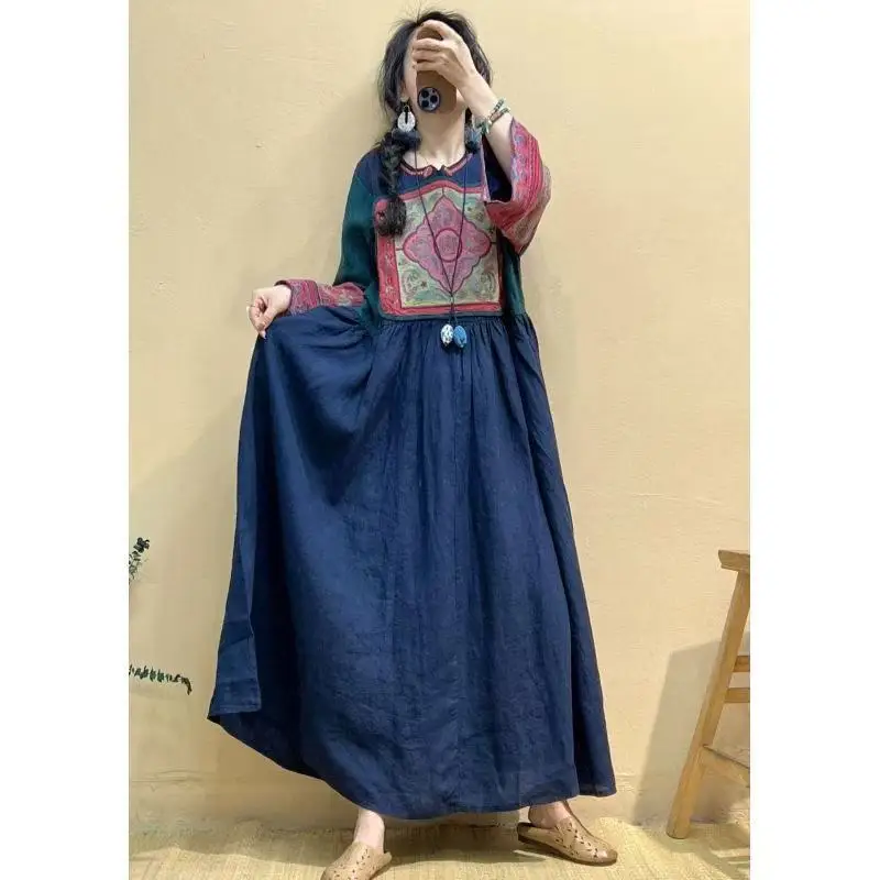 女性のためのヴィンテージスタイルの対照的なリネンドレス,ゆったりとしたフィット感,長袖,ラウンドネック,新しい春のコレクション,中国風