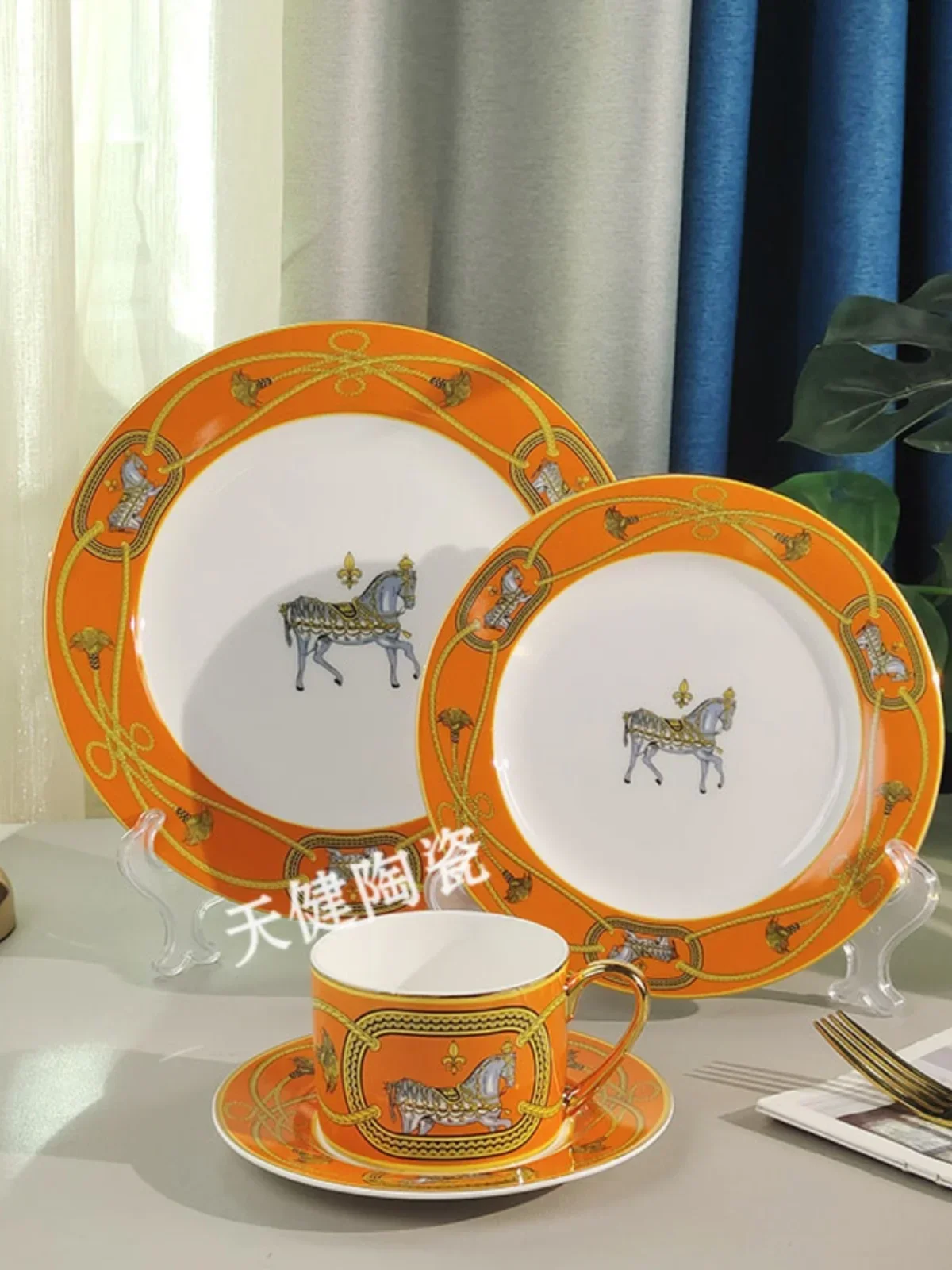 

Bone China Western Food Plate Suit Orange Royal Horse Series European Retro Coffee Set Court Hotel Household Utensils Dishes