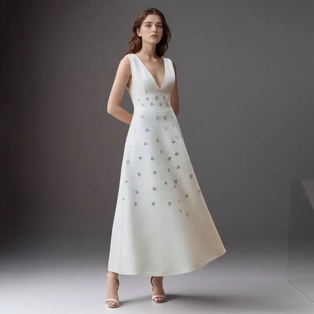 

Элегантное длинное белое платье с отделкой из страз, приталенное, женское, сексуальное, с завышенной талией, модное, для прогулок, для особых случаев