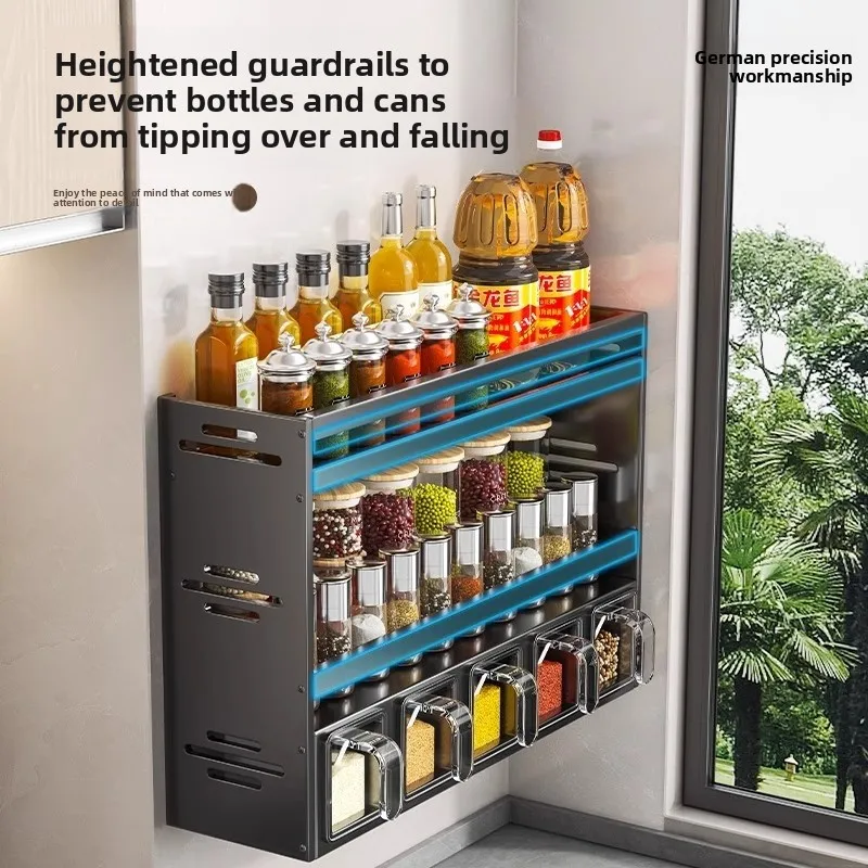 

Кухонные полки, настенные масла, соли, соуса, уксуса, банки для приправ, неперфорационные ящики для хранения.