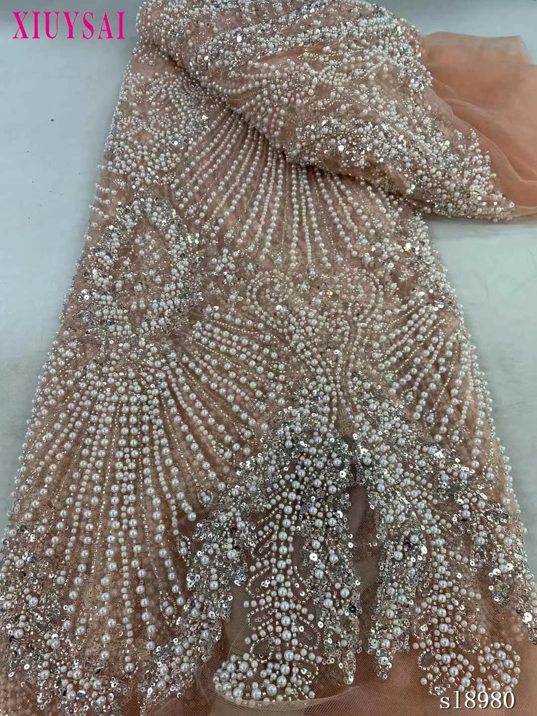 

5 Yards African Sequins Lace Fabric 2024 High Quality Lace Embroidery Beaded Mesh Fabric For Women Wedding Party Dress