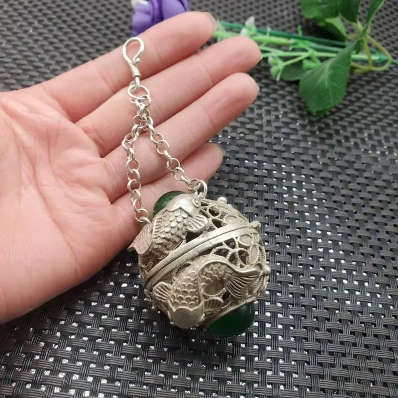 Hollow Emerald Double Fish Copper Incense Ball, Retro Hanging Incense Burner Home Decor Ornament