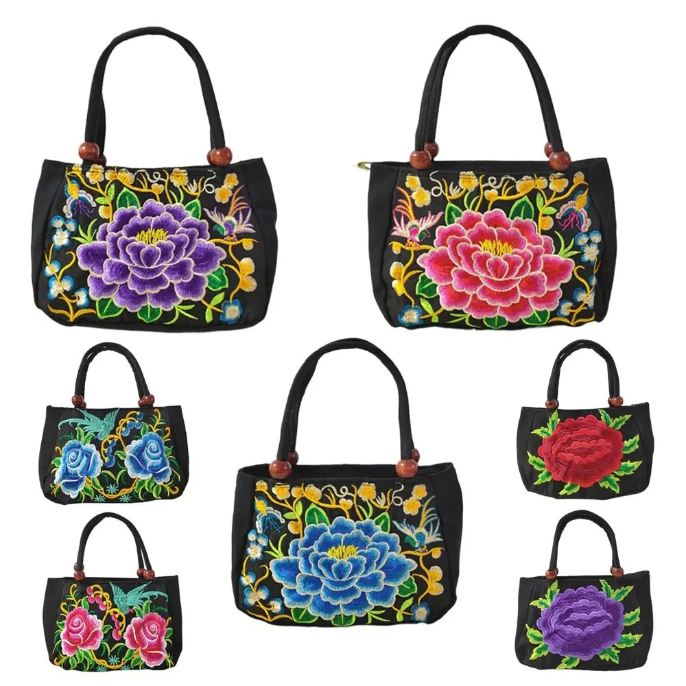 Bird Embroidery Flower Handbag Underarm Bag Canvas Ethnic Style Tote Bag Mommy Bag Shopping Bag Rose Flower Shoulder Bag