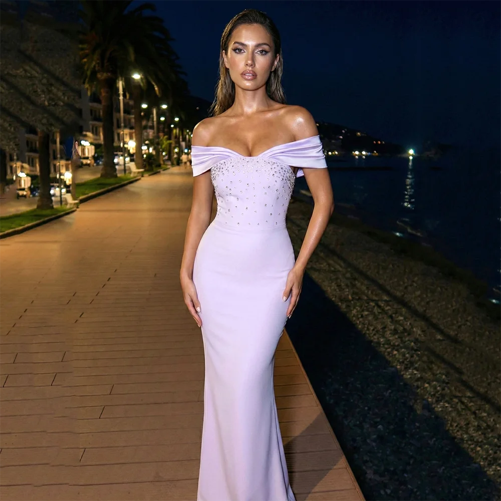 

Сиреневые вечерние платья из джерси длиной до щиколотки, модные вечерние платья с открытыми плечами на заказ, вечернее платье с кристаллами