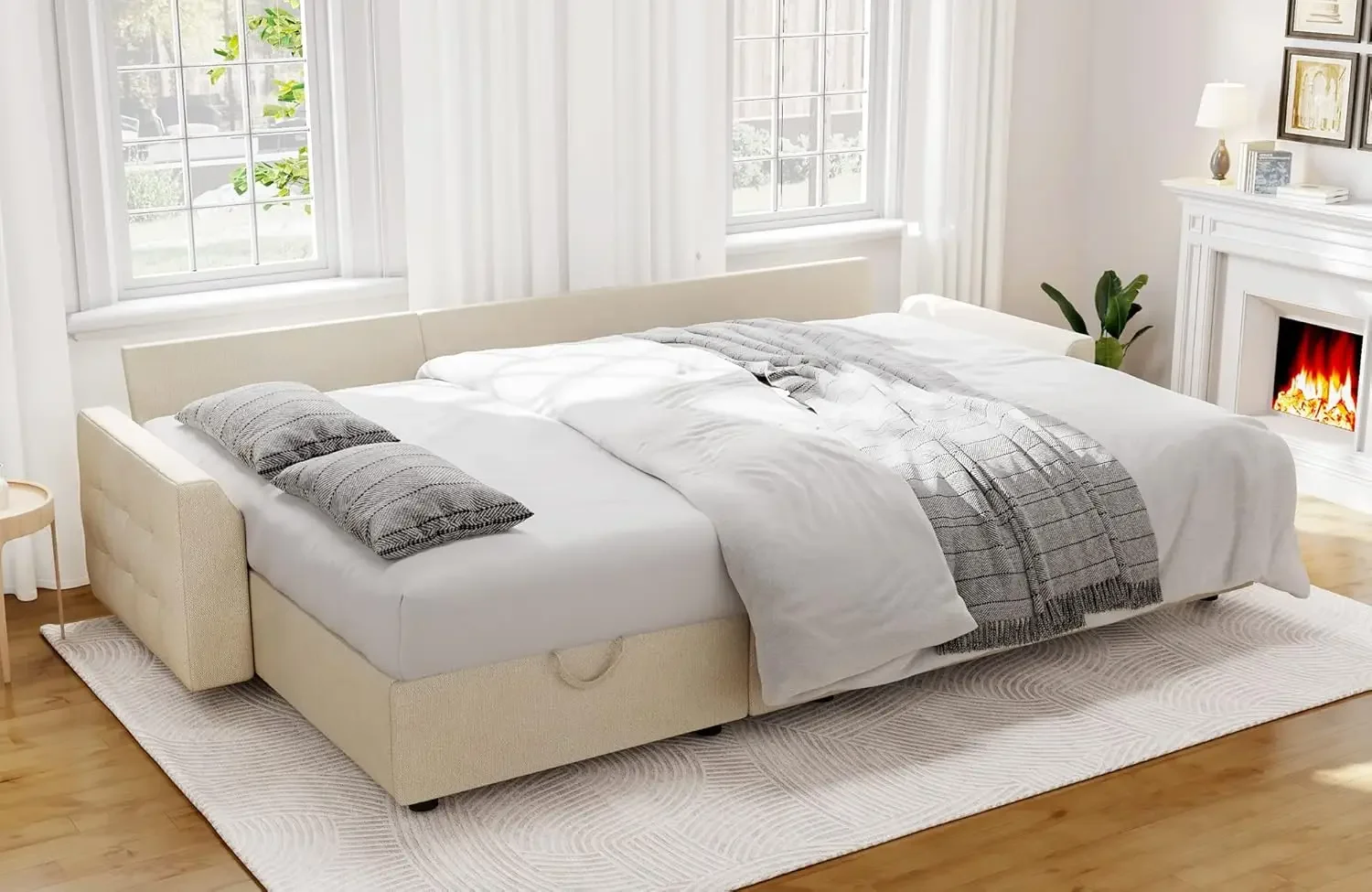 Sofá cama convertible extraíble con chaise de almacenamiento, sofá seccional capitoné para sala de estar (Beige)