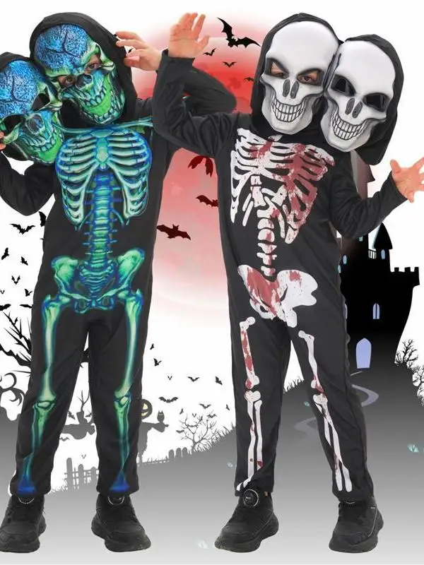 Disfraz de Halloween, traje de Cosplay de esqueleto de doble cabeza, disfraz de actuación en escenario de Terror para niños, disfraz de actuación de fantasma de broma
