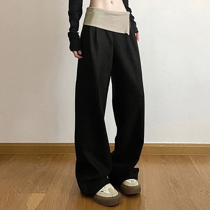 

European and American autumn new women's design sense of solid color American flanged waist high waist loose slim casual pants