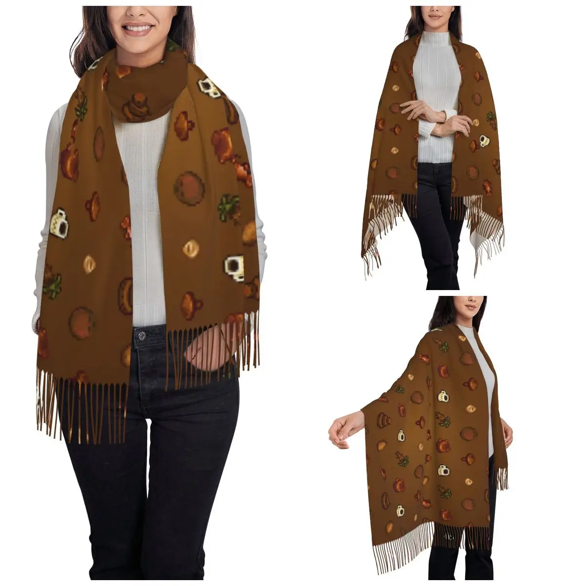 Womens Scarf with Tassel Stardew Valley Collage Large Winter Fall Shawl and Wrap Daily Wear Cashmere Scarf
