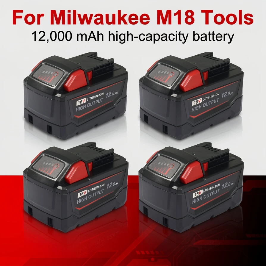 Комплект из 4 аккумуляторов 18В 12.0Ач повышенной мощности, замена для Milwaukee M18 48-11-1880 48-11-1852 48-11-1862, л