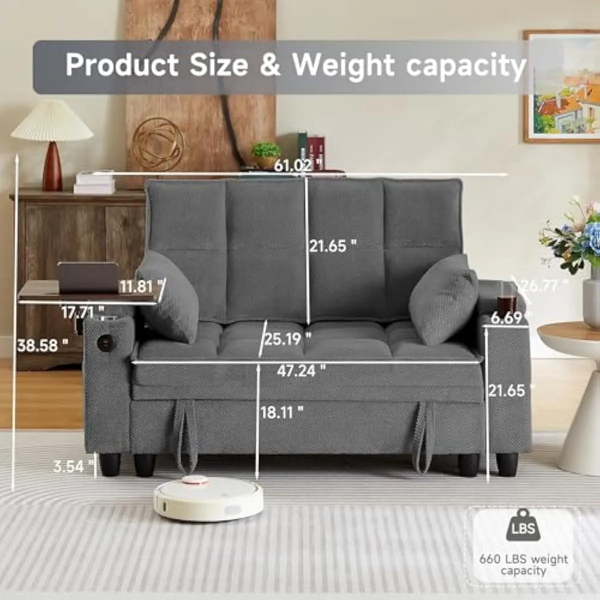 61-inch modern loveseat with rotating tray table, concealed under-seat storage, dual cup holders, USB charging ports, 25.2-inch