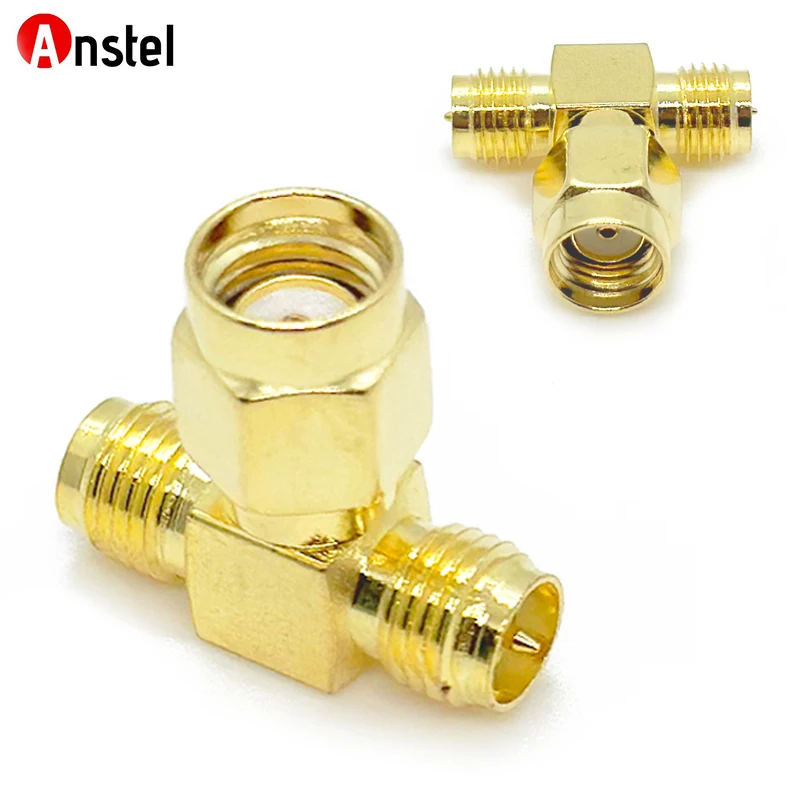 Copper SMA 3 Way Splitter T Type RP-SMA Male Plug To Two 2 x RP SMA Female Jack Adapter RF Coaxial Connector for FPV Antenna