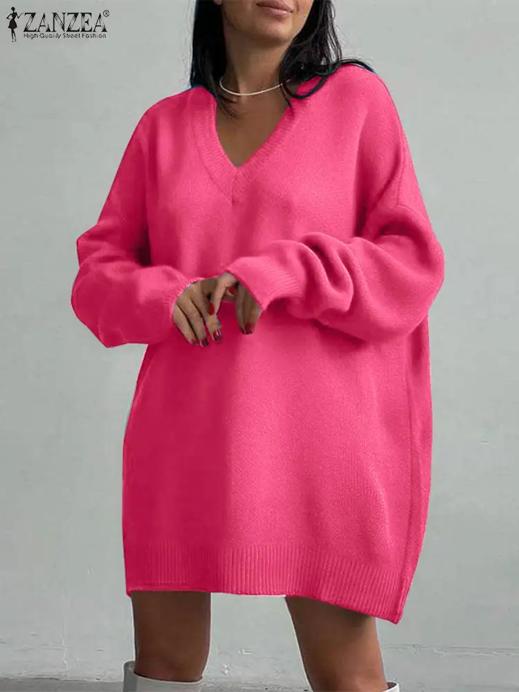 

ZANZEA 2023 Fashion All-match Sweater Women V-Neck Long Pullover Winter Casual Long Sleeve Sweatshirt Solid Loose Fall Outfits