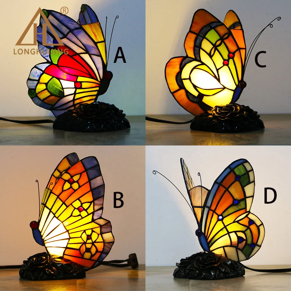 

LongHuiJingLGWW Tiffany Style Stained Glass Accent Lamp Resin Base Night Light Stain Glass home decor Butterfly Lamp