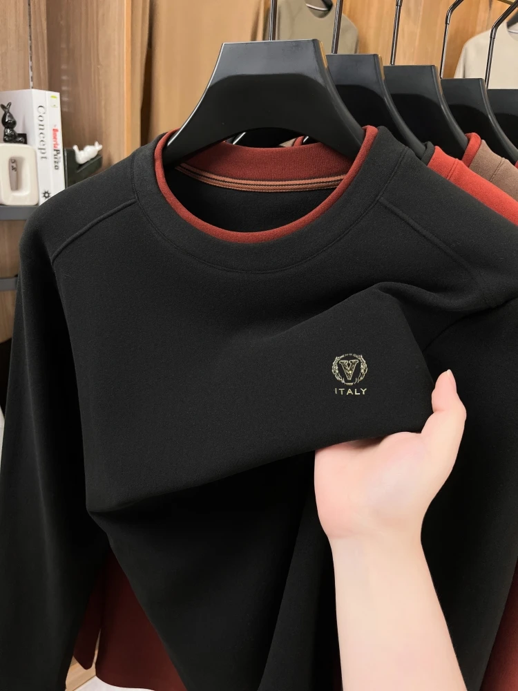 Premium double-sided velvet long sleeve T-shirt men luxury brand new fashion letter embossed casual round neck sweater pullover