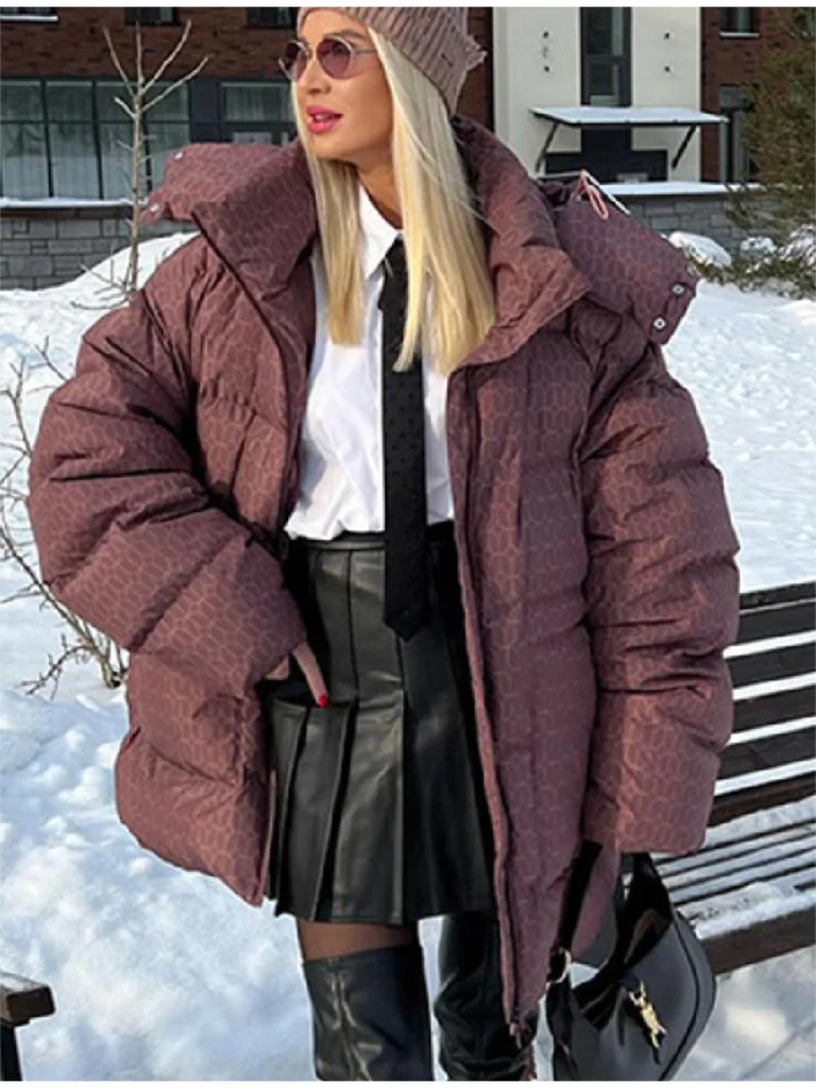 Warm Printed Hooded Puffer Jacket Loose Oversized Zip Up Mid-length Padded Coat Soft Long Sleeve Winter Casual 2026 Outerwear