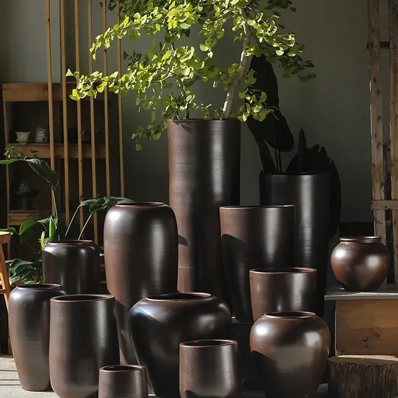 New Chinese Style Large Floor to Ceiling Ceramic Flower Pot Wide Mouth Planter for Dried Flowers Hotel Courtyard Villa Soft