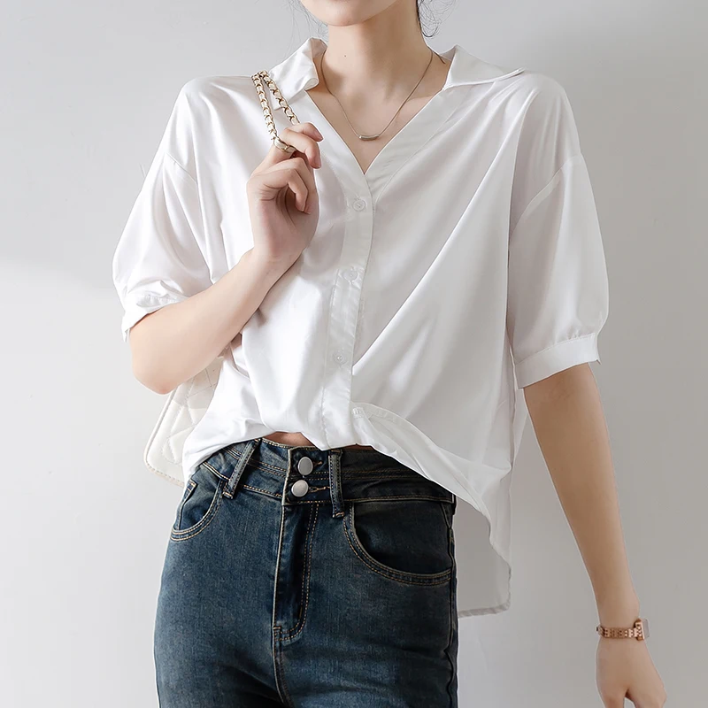 

QOERLIN Office Ladies Lapel V Neck White Shirts Summer New 2024 Short Sleeve Loose Casual Knot Fashion Blouse Women Shirts Tops