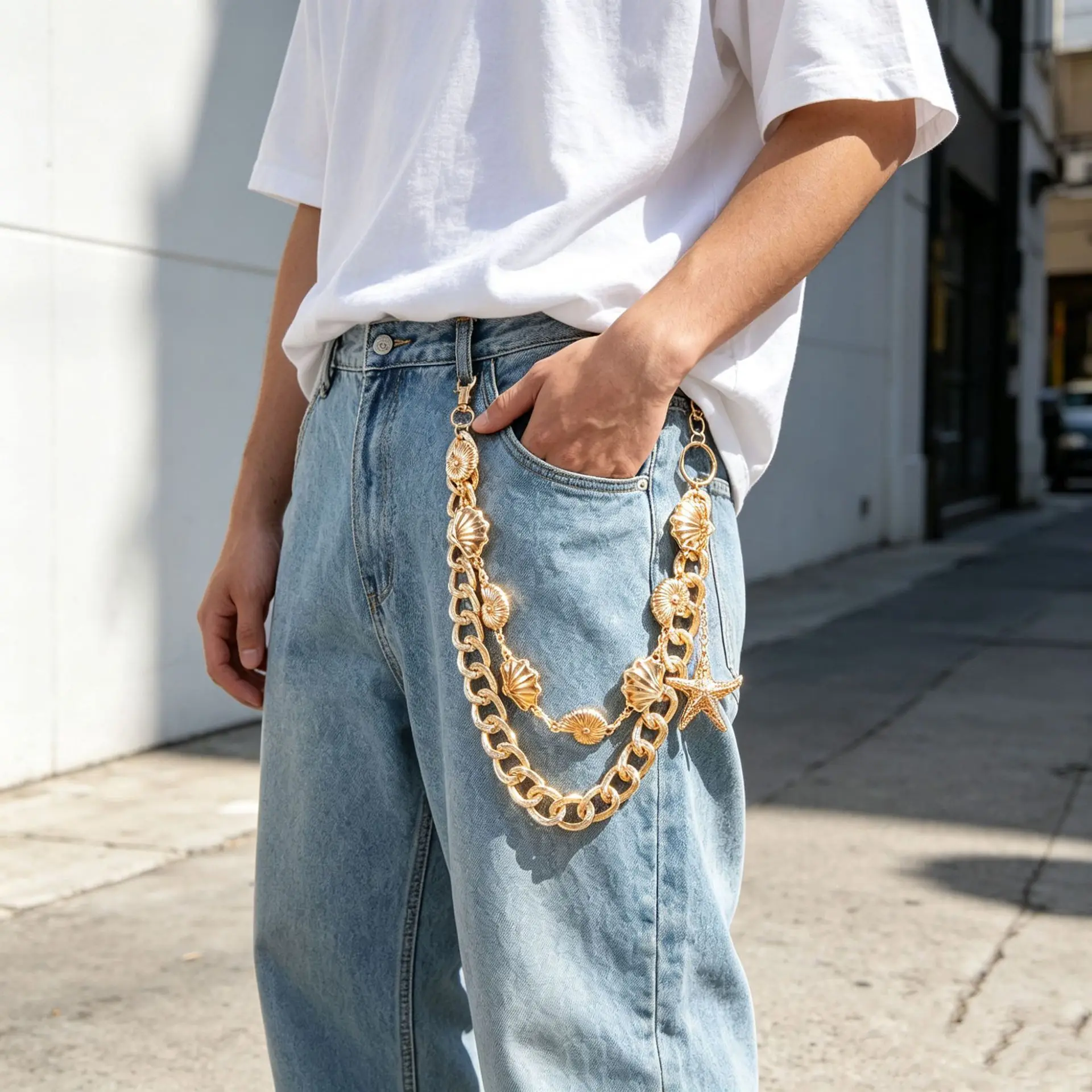 Vintage Gold Color Double Layer Jeans Pants Chain Cadena Pantalon Shell Starfish Decor Unisex Beach Street Trouser Accessory