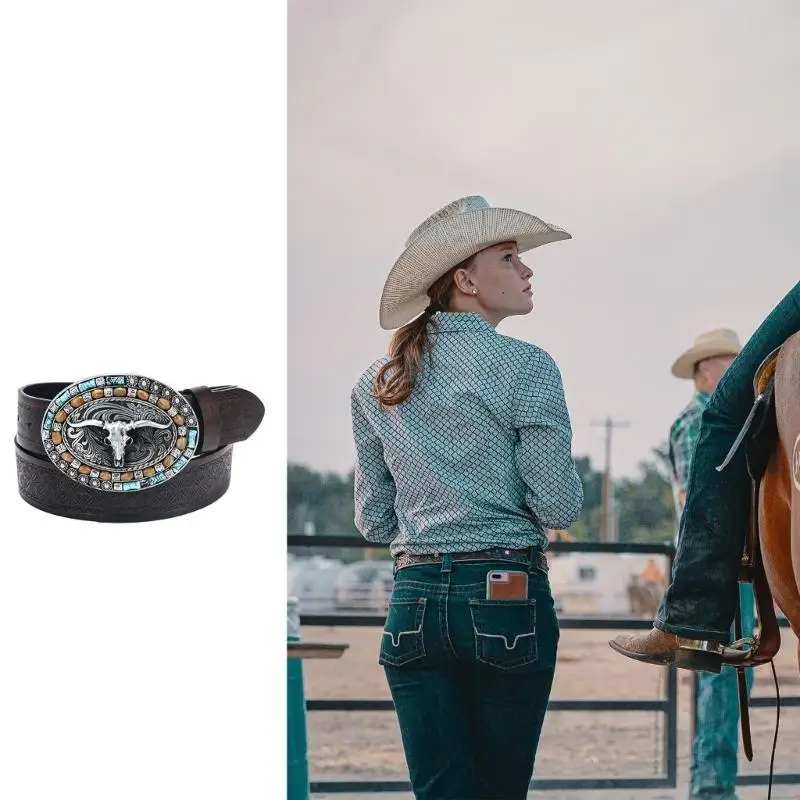 652F 십대 구호 황소 헤드 버클 조절 가능한 벨트 코트 청바지 남성 넓은 공식 허리 밴드