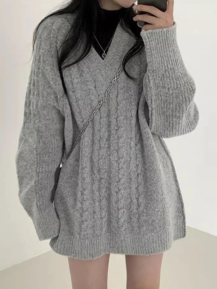 

Стильный повседневный вязаный свитер с круглым вырезом и длинными рукавами, средней длины, свободного кроя, для женщин, комфортный трикотаж