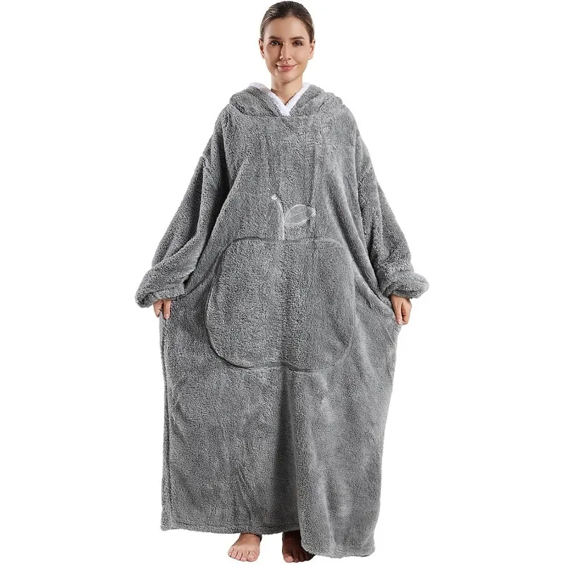 

NEW Extra Long Wearable Blankets Winter Flannel Hooded Blanket with Full Sleeves Men Women Cozy Soft Throw Adult TV Blanket