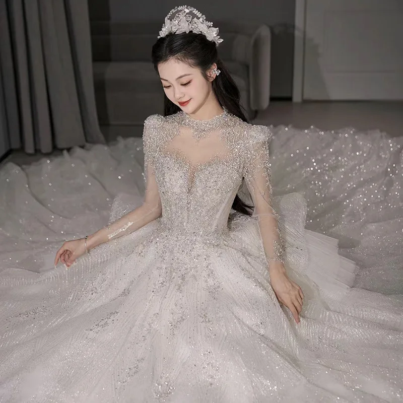 Sparkle Africa Wedding Dresses 2026 Luxury 15 Quinceanera Ball Gown Glitter Beads Sequin Long Sleeves Dubai Bride Bridal Gown