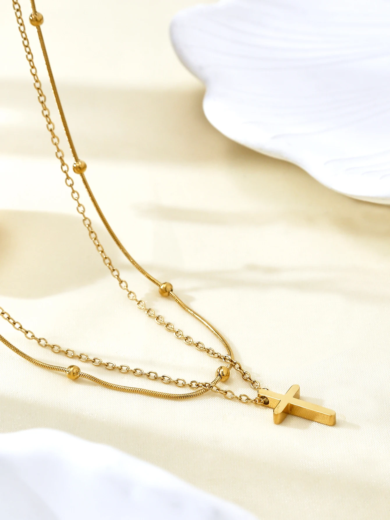 1 Piece/1 Set Trendy Unisex Minimalist Stainless Steel Beaded Cross Pendant Double-Layer Collar Chain Necklace For Women